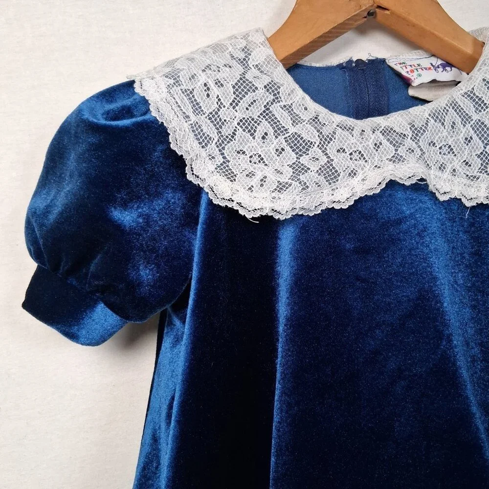 Vintage The Little Trotter Dress Size 4 Royal Blue Velour Lace Collar Party - Picture 3 of 16